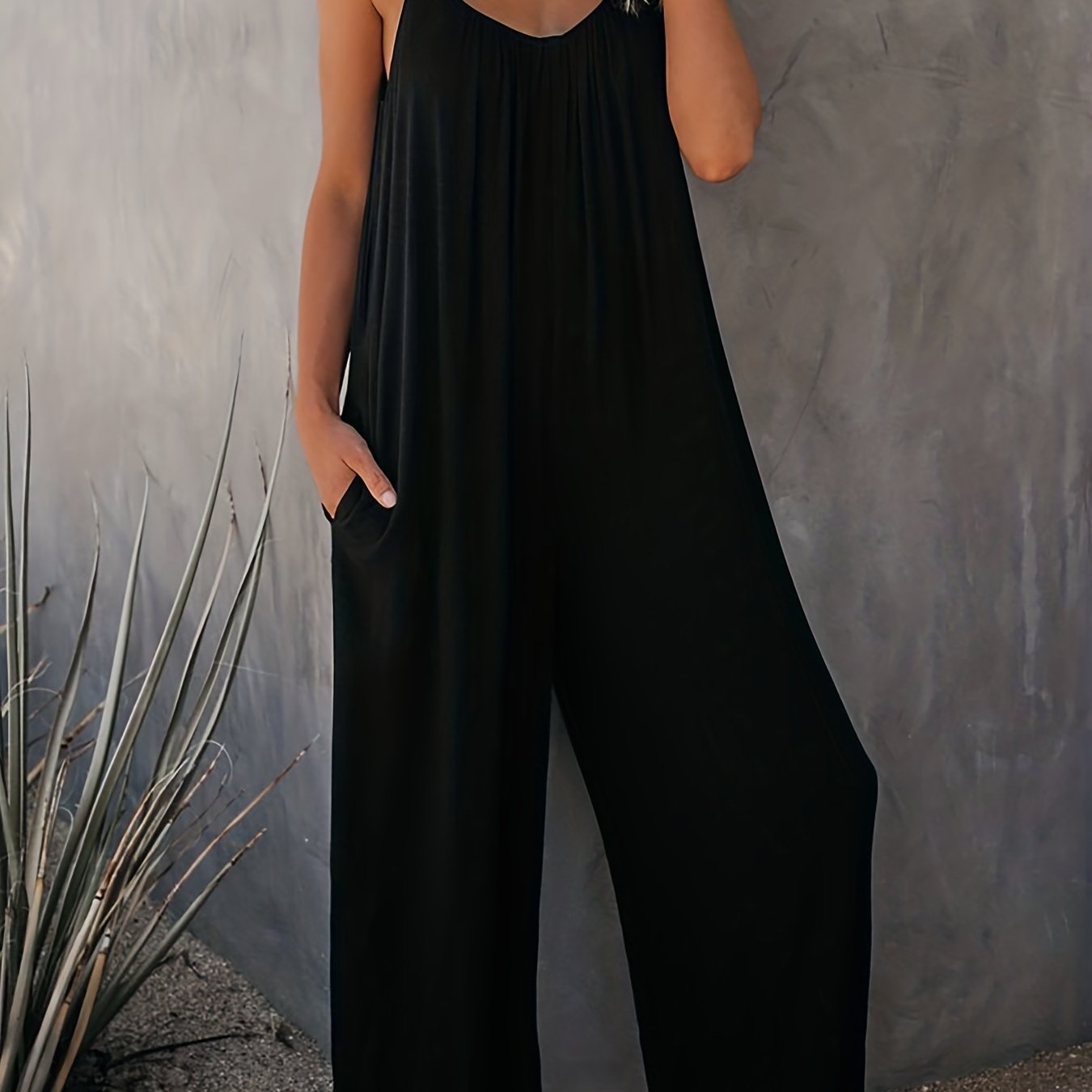 Plus Size Basic Jumpsuit, Women's Plus Solid V Neck Wide Leg Summer Cami Jumpsuit