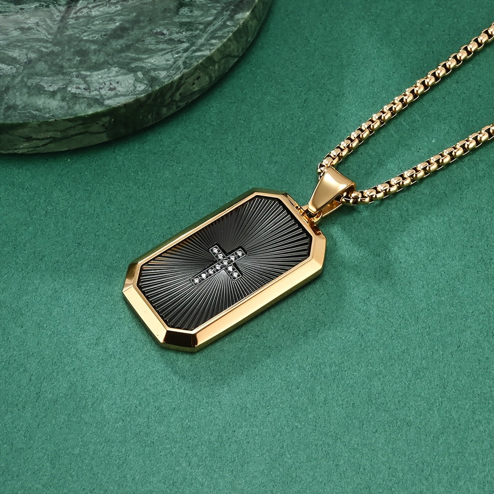 Men's Hip-Hop Necklace - Heavy Duty 316L Stainless Steel Chain, Matte Black & Golden Two-Tone Pendant, Modern Geometric Layered design for Everyday Formal Outfits - Urban Jewelry Gift for Men, Fashion Statement, Contemporary