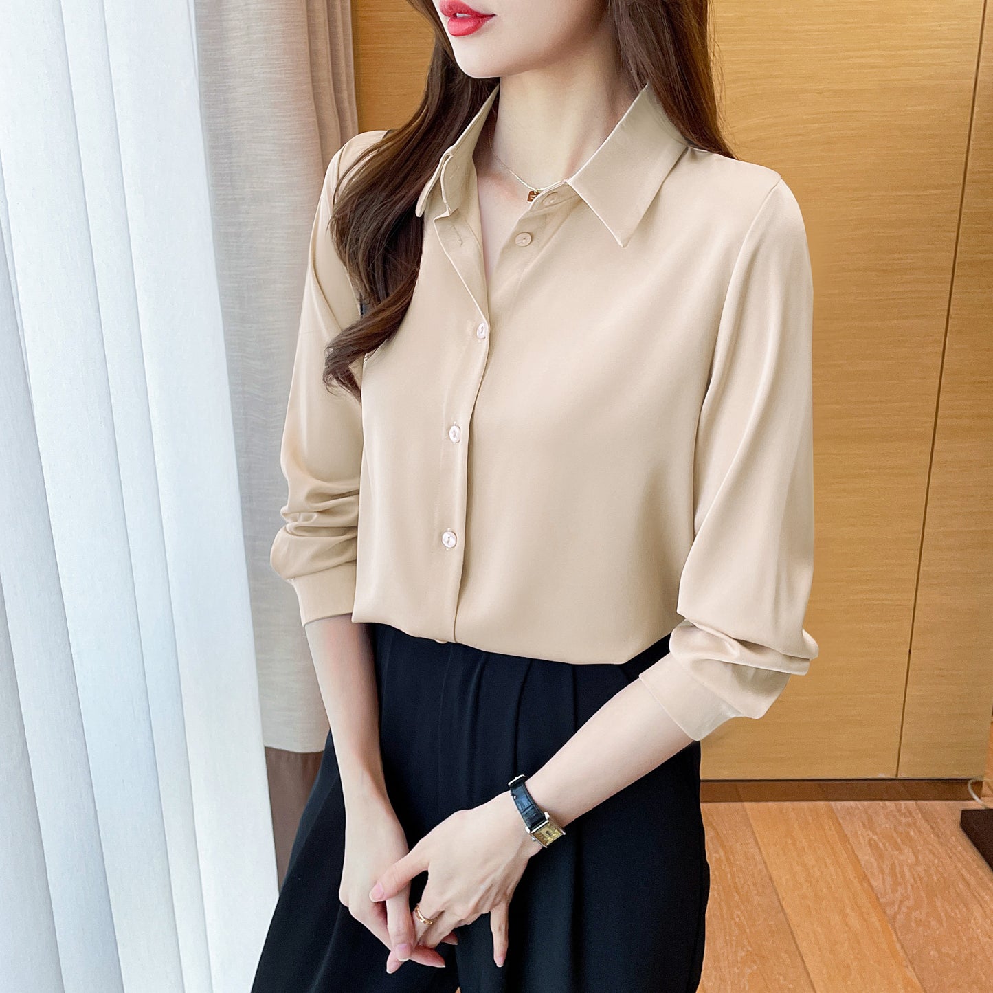 Womens Classic Solid Button Front Shirt - Flattering Long Sleeve Collar Design - Perfect for Work & Casual Office Wear - wardrobe Essential