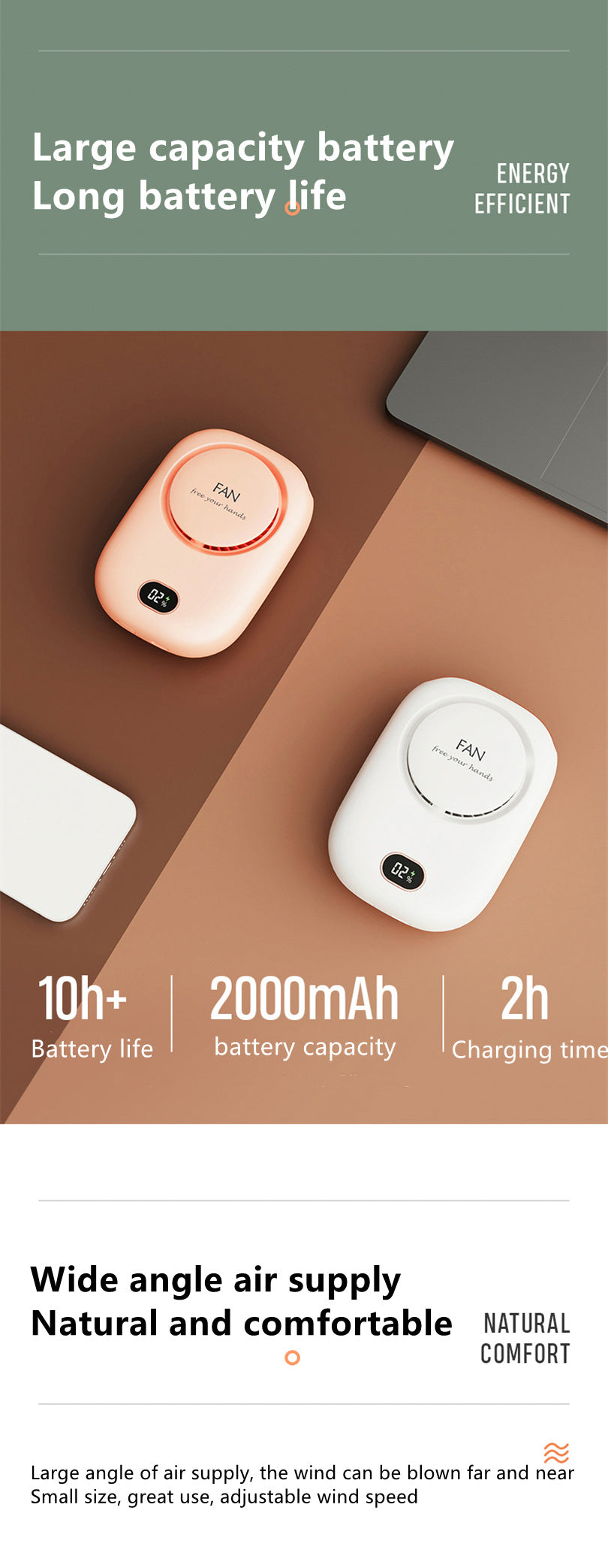 1pc, Portable USB Fan With Three-Speed Large Wind Adjustment, Waist-Hanging And Desktop Stand, Power Display, And Leafless Design