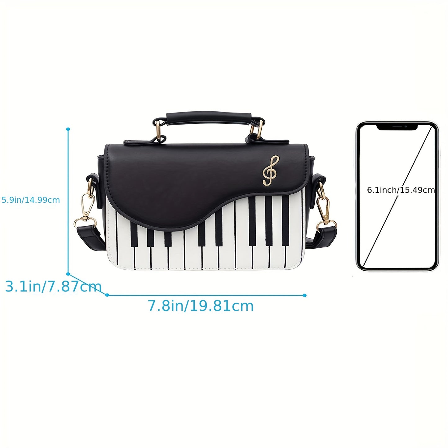 Women'S Piano Key Crossbody Bag - & Musical Note Design with Golden-Tone Hardware, Zipper Closure & Golden-Tone Hardware, Satchel Purse For Evening Events, Concerts, Casual Outings - Durable & Easy-clean, Concert Accessory, S