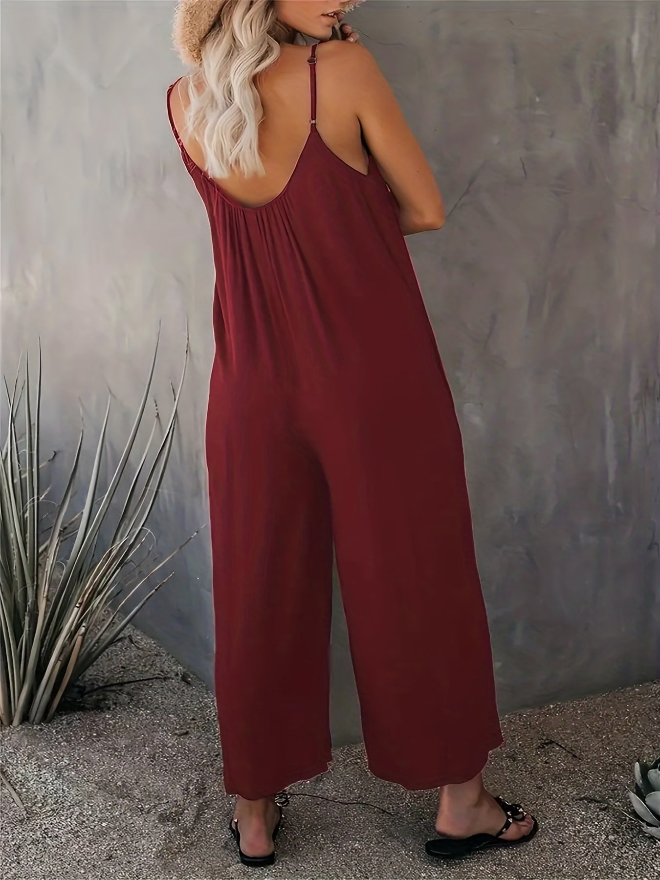 Plus Size Basic Jumpsuit, Women's Plus Solid V Neck Wide Leg Summer Cami Jumpsuit
