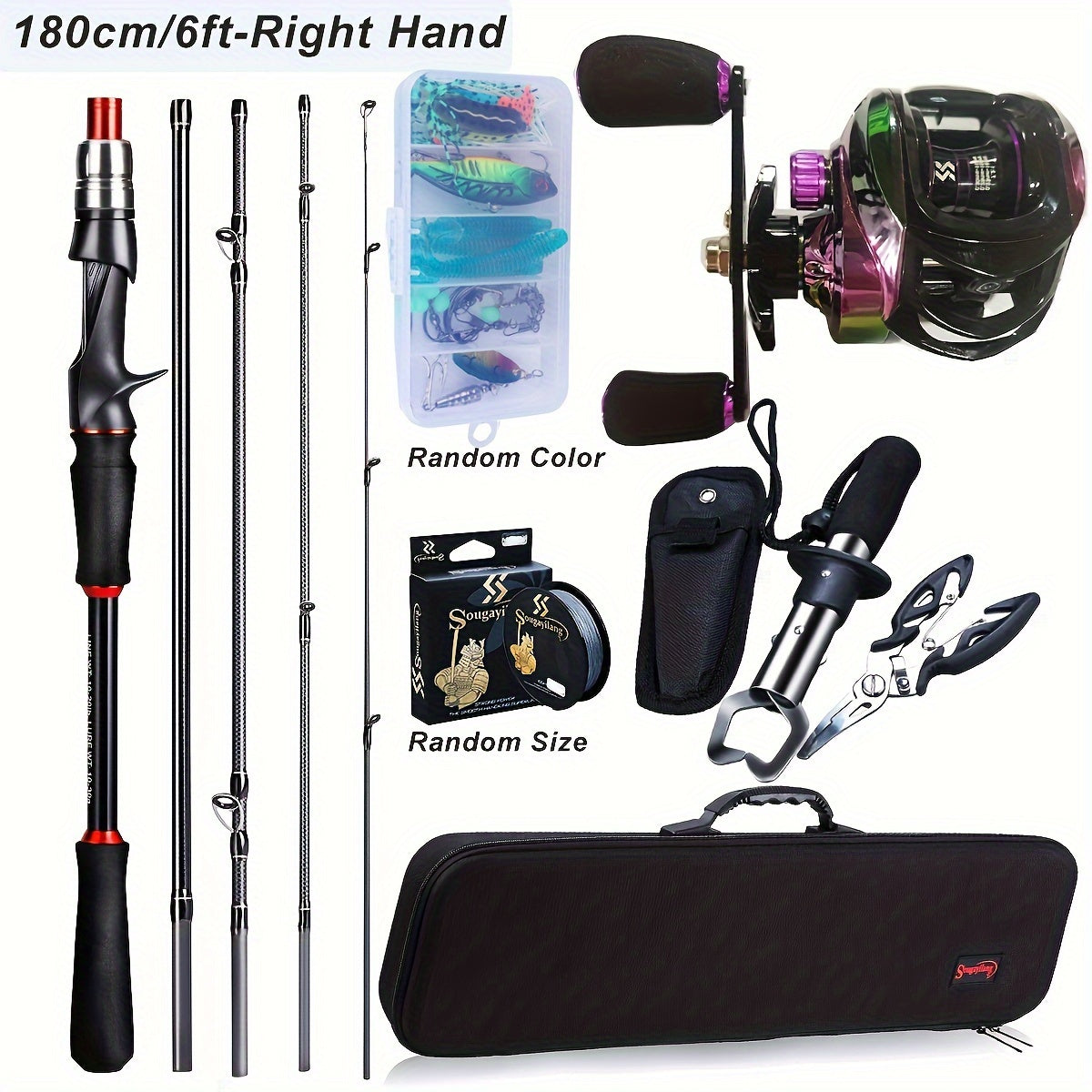 Sougayilang [Basic Style ] Fishing Tackle Set, Including 6ft/1.8m 5-Sections Carbon Fiber Fishing Rod, Colorful 7.2: Gear Ratio Fishing Reel, Fish Line, Fishing Bait And Other Accessories