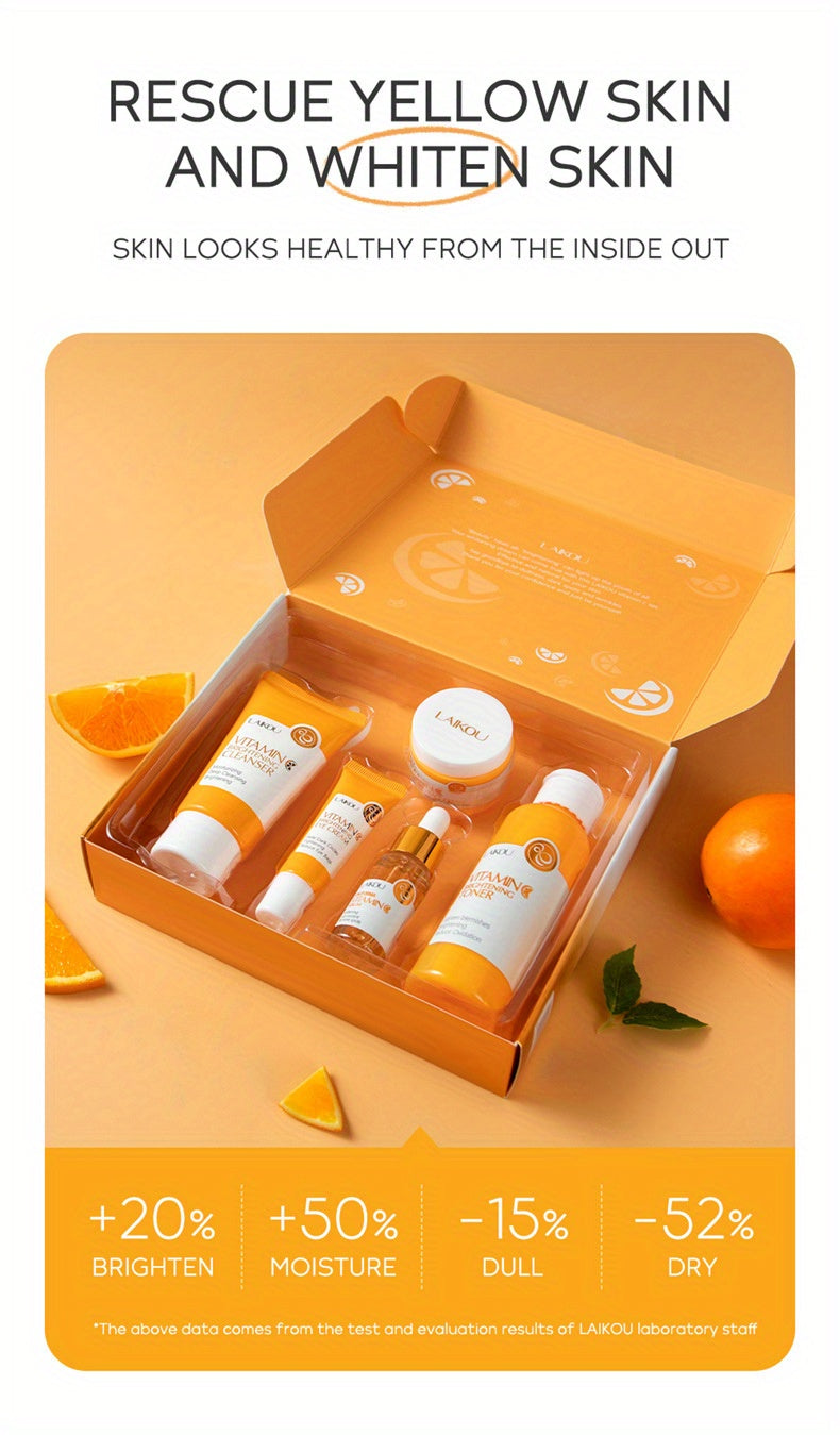 LAIKOU Vitamin C Series Skin Care Products Set 5 Piece Cleansing Skin Water Serum Eye Cream Essence Cream For Men And Women Daily Skin Care Gifts