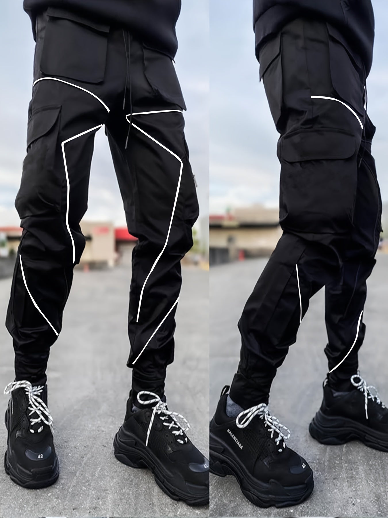 Mens Cargo Pants with High-Visibility Luminous Trim - Comfortable Casual Style for Outdoor Adventures - Spacious Multi Pockets & Adjustable Drawstring Waist - Perfect for Spring and Fall