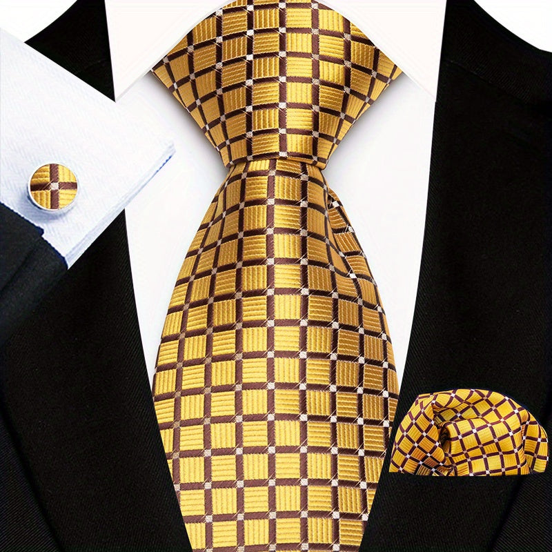 Men's Floral Paisley Striped Plaid Necktie & Handkerchief & Cufflink Set, Formal Business Wedding Necktie Set, Ideal Choice For Gifts