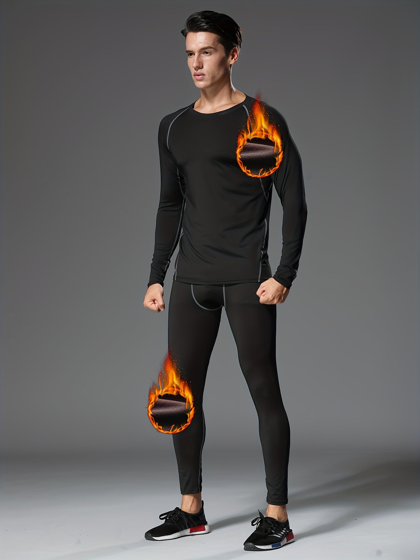 8pcs Men's Fleece Athletic Set - Full-Body Tight-Fit Gym & Suit, Polyester Knit Thermal Outfit for Winter Sports, Running, Hiking, Basketball & Cycling, Warm Sports Wear, Winter Sportswear, Winter Gym Clothes, Winter Sports W