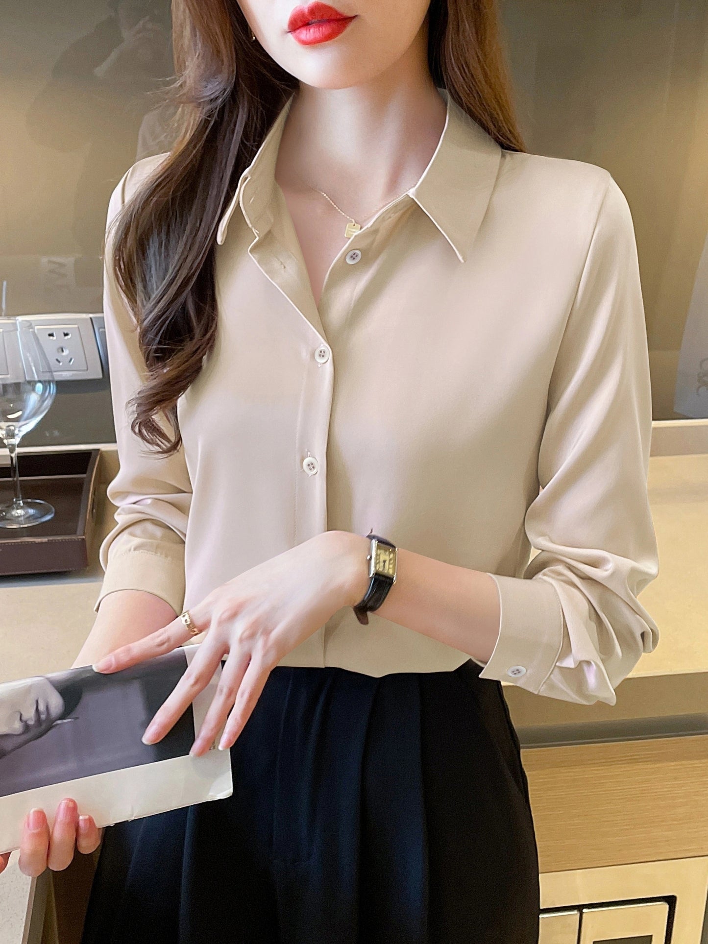 Womens Classic Solid Button Front Shirt - Flattering Long Sleeve Collar Design - Perfect for Work & Casual Office Wear - wardrobe Essential