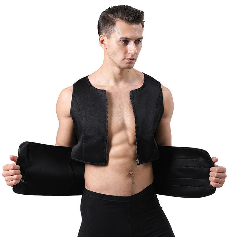 TKPARK Men's Adjustable Compression Tank Top & Waist Trainer - High-Elasticity Workout Shirt with Back Support, Sleeveless Gym Shaper Vest, Zipper Closure & Belt for Fitness Training, Fitness Compression Wear | Sleeveless Tan