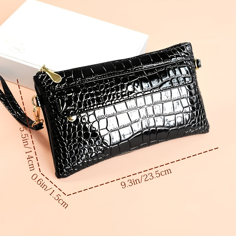 Fashion Croc Embossed Clutch Bag - Stylish Faux Leather Crossbody Coin Purse with Wristlet for Women