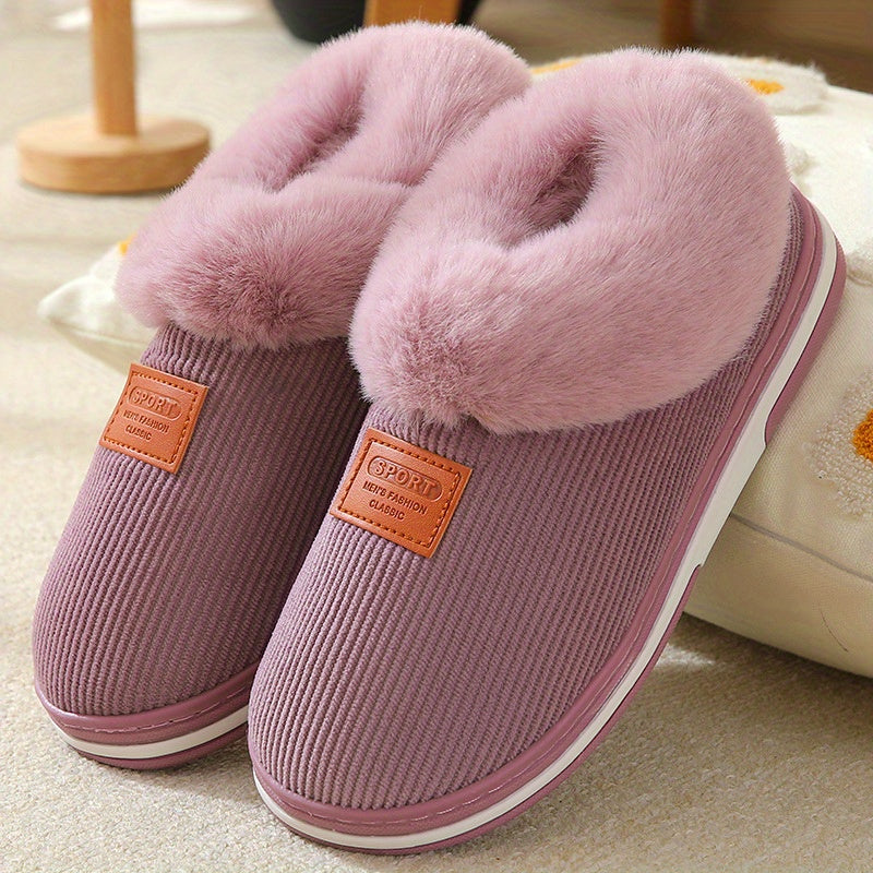 Warm & Comfy Women's Plush Lined Winter Indoor Slippers, Solid Slip On Anti-skid Slides Boots, House Slides