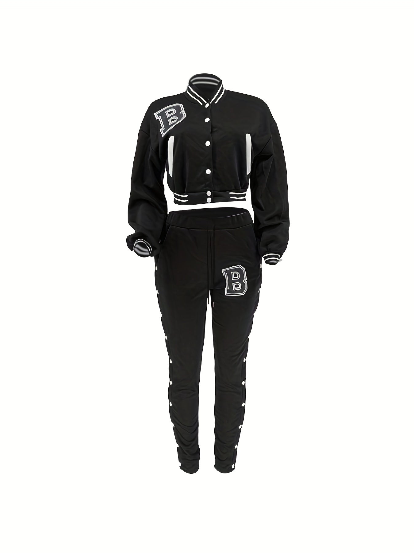 Women's Red Jacket and Pants Set - Casual Polyester with Letter "B" Patches, Button Closure, and Striped Accents