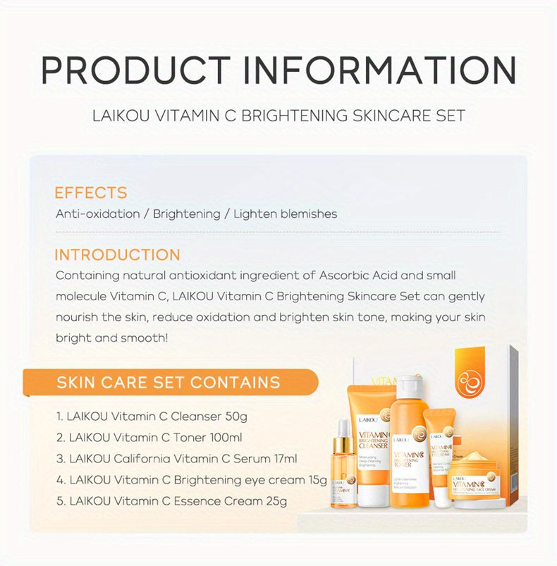LAIKOU Vitamin C Series Skin Care Products Set 5 Piece Cleansing Skin Water Serum Eye Cream Essence Cream For Men And Women Daily Skin Care Gifts