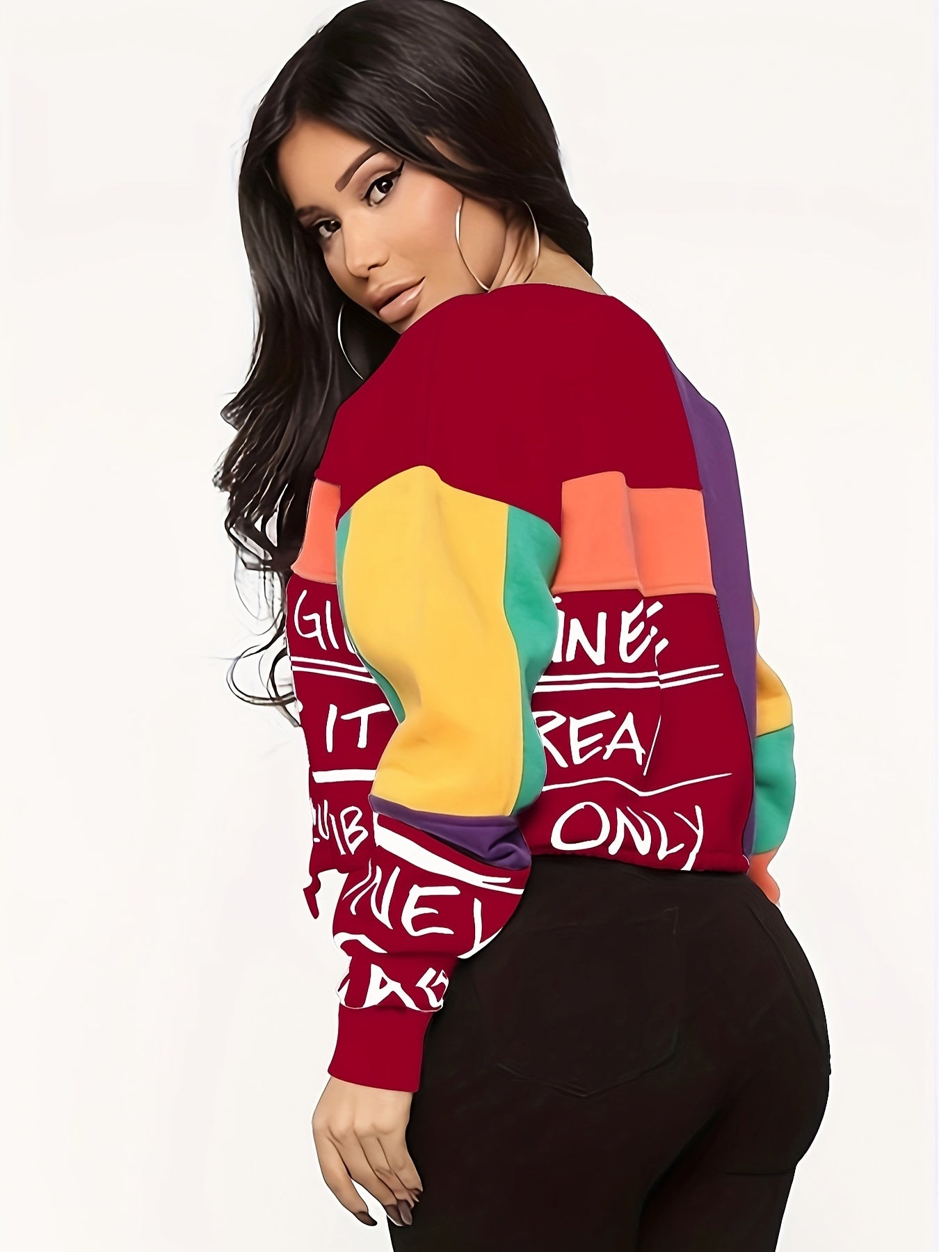 Women's Color Block Letter Print Sweatshirt - Cozy Long Sleeve Crew Neck for Fall & Winter