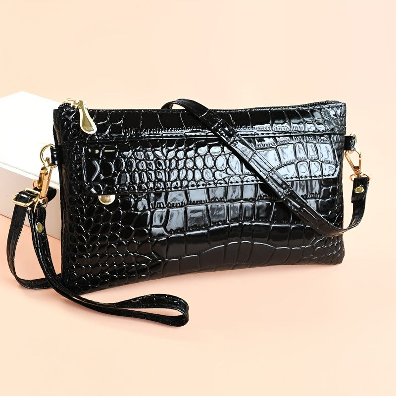 Fashion Croc Embossed Clutch Bag - Stylish Faux Leather Crossbody Coin Purse with Wristlet for Women