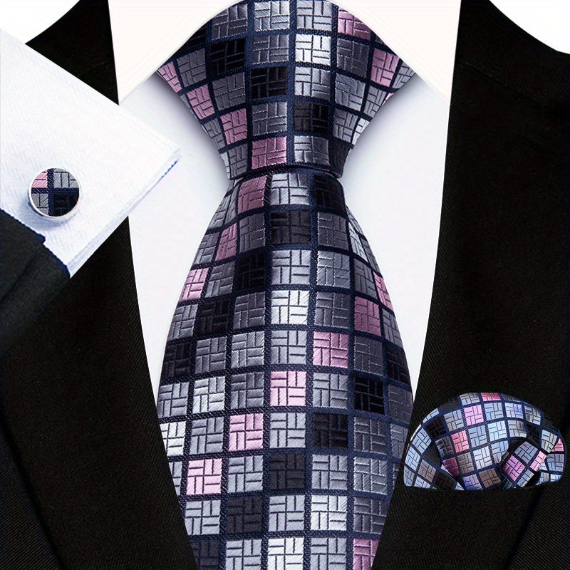 Men's Floral Paisley Striped Plaid Necktie & Handkerchief & Cufflink Set, Formal Business Wedding Necktie Set, Ideal Choice For Gifts