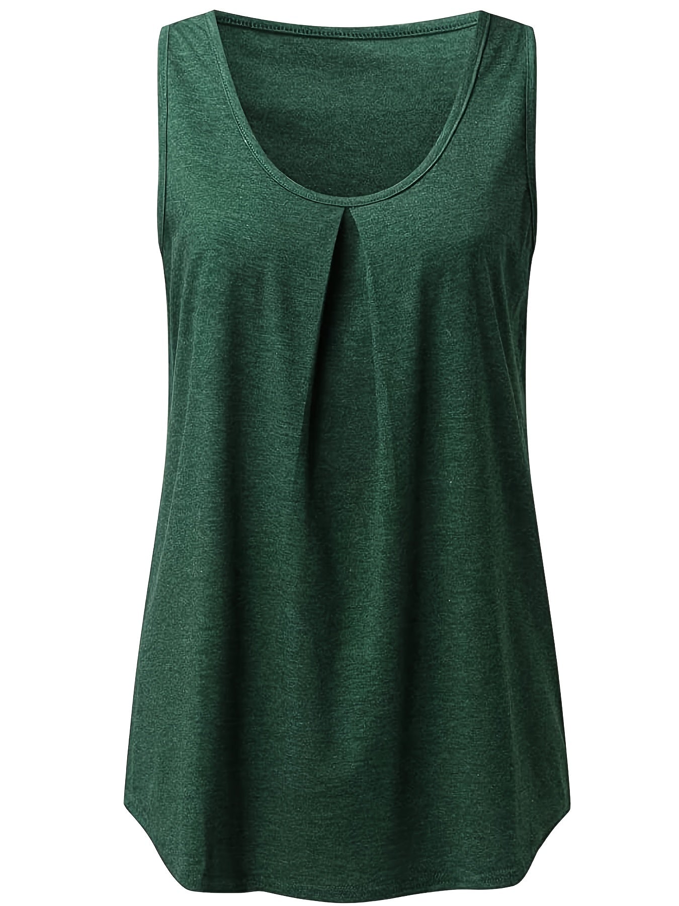 Plus Size Casual Tank Top, Women's Plus Plain Ruched Round Neck Medium Stretch Tank Top
