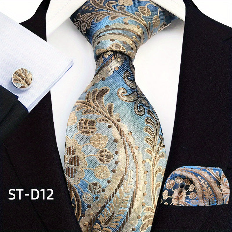 Three-Piece Gentlemans Accessory Set - Stylish Paisley Pattern Tie, Pocket Square, and Cufflinks - Perfect Gift Idea for Men on Special Occasions