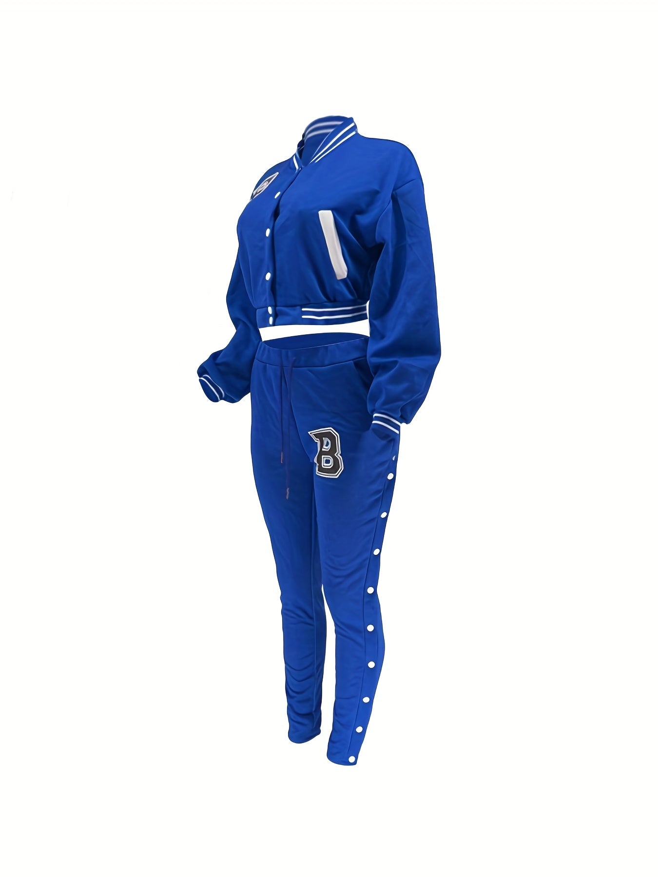 Women's Red Jacket and Pants Set - Casual Polyester with Letter "B" Patches, Button Closure, and Striped Accents
