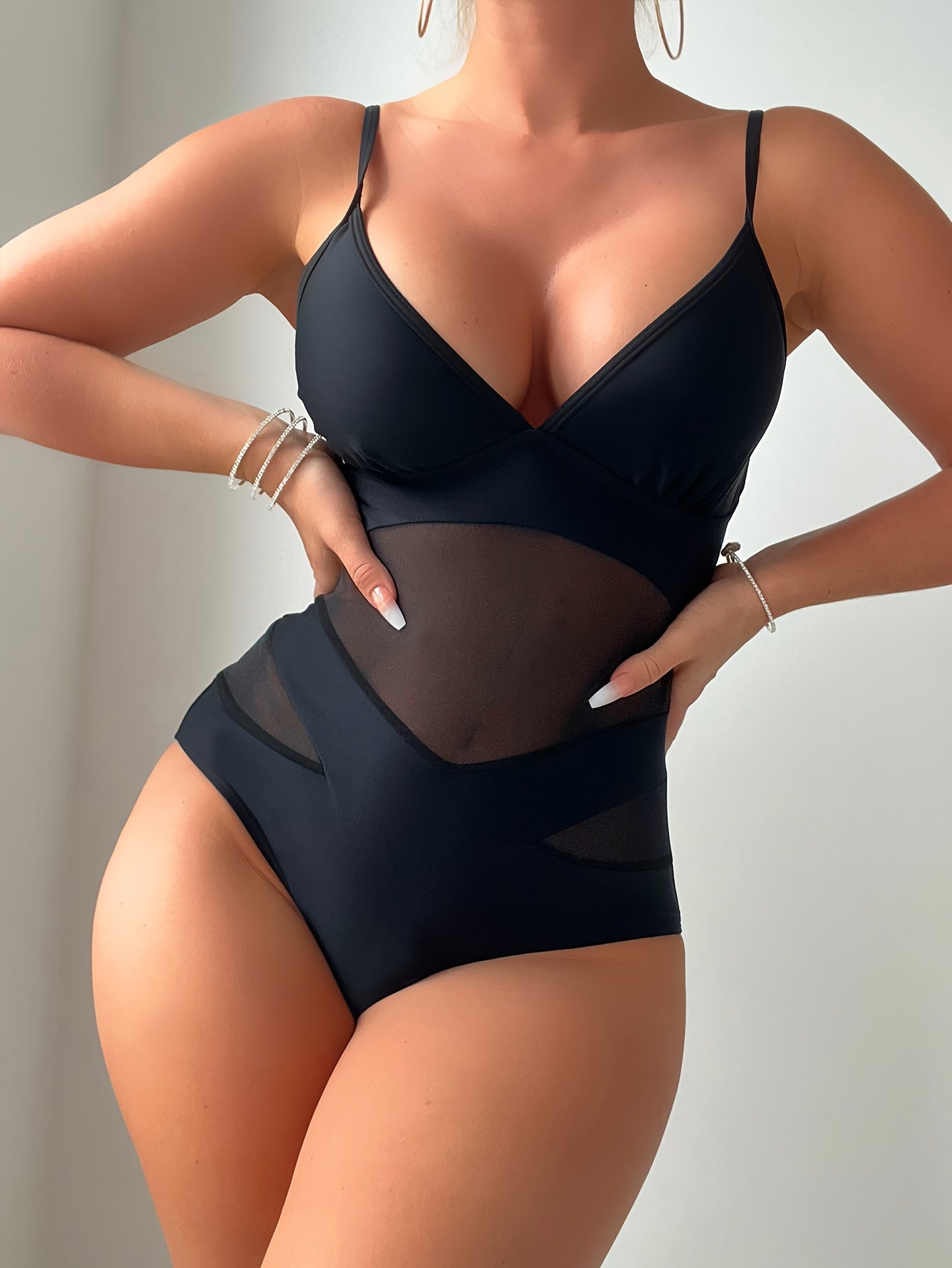 Sexy One-Piece Swimsuit Mesh High Waist Swimsuit V-Neck High Cut Swimsuit