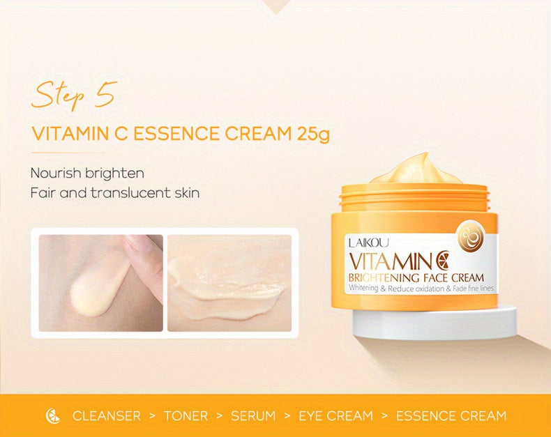 LAIKOU Vitamin C Series Skin Care Products Set 5 Piece Cleansing Skin Water Serum Eye Cream Essence Cream For Men And Women Daily Skin Care Gifts