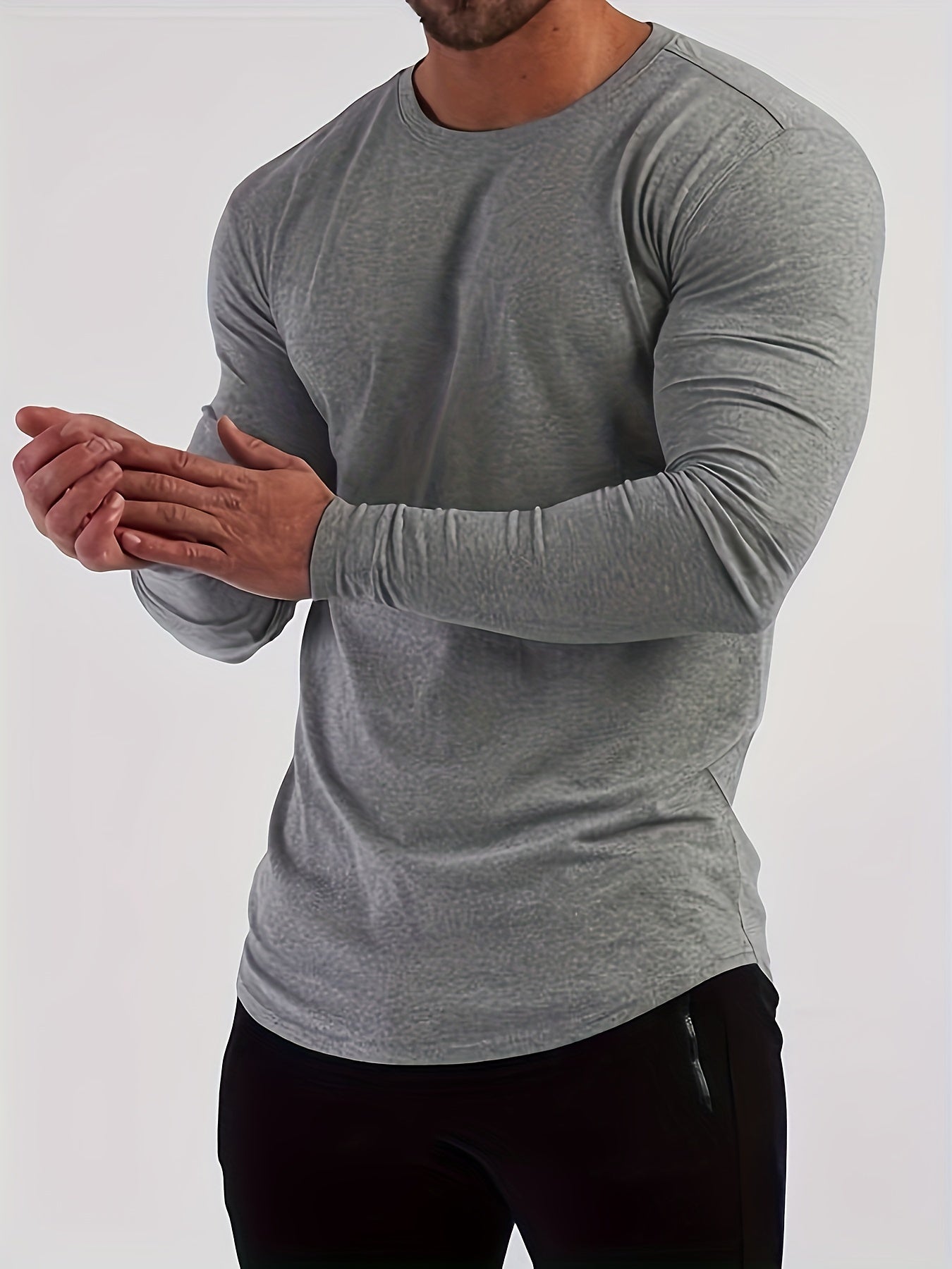 Mens Premium Solid Hue Slim Fit Long Sleeve Sports Shirt - Comfortable Crew Neck, Athletic for Fitness, Hiking & More - Versatile Top for Active Men