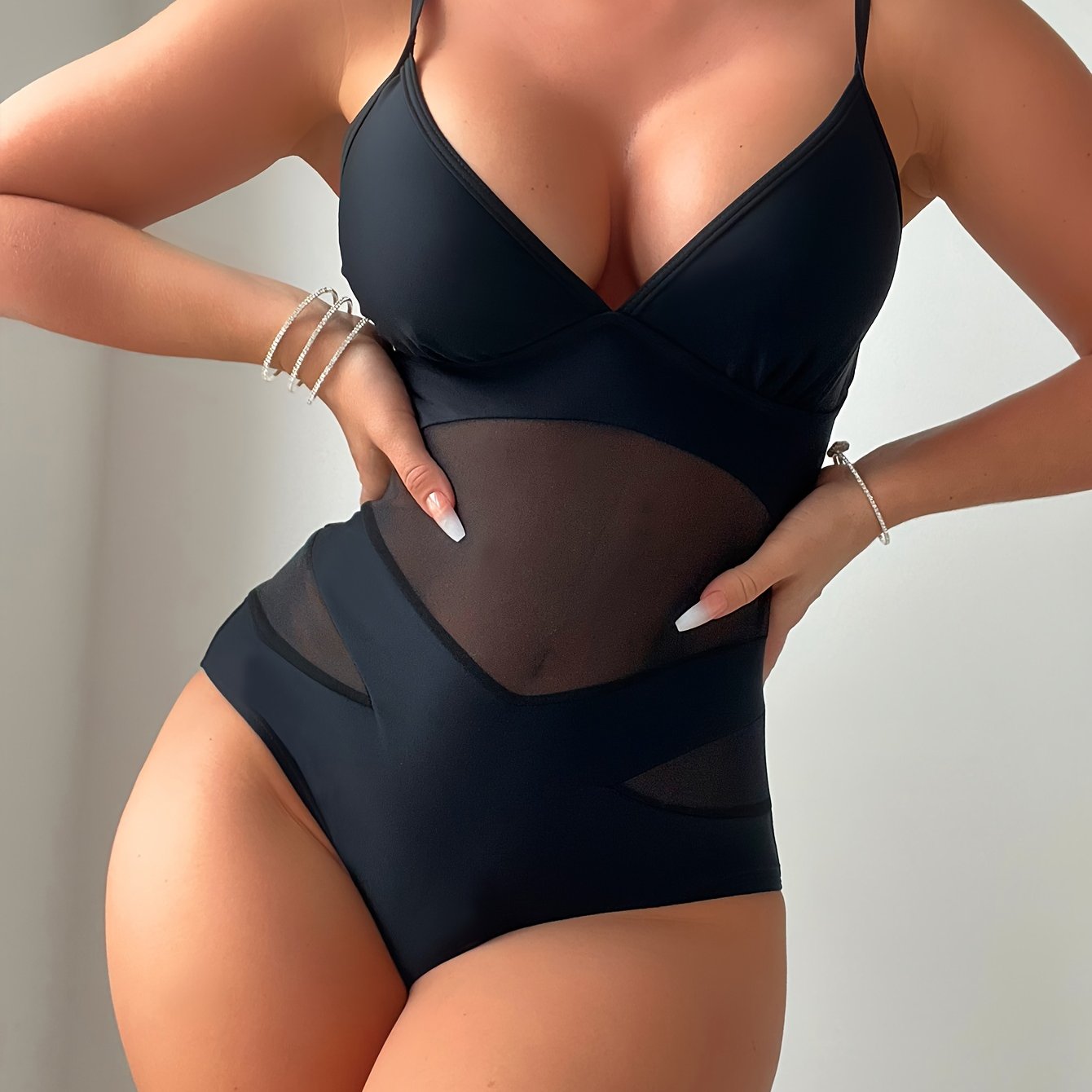 Sexy One-Piece Swimsuit Mesh High Waist Swimsuit V-Neck High Cut Swimsuit