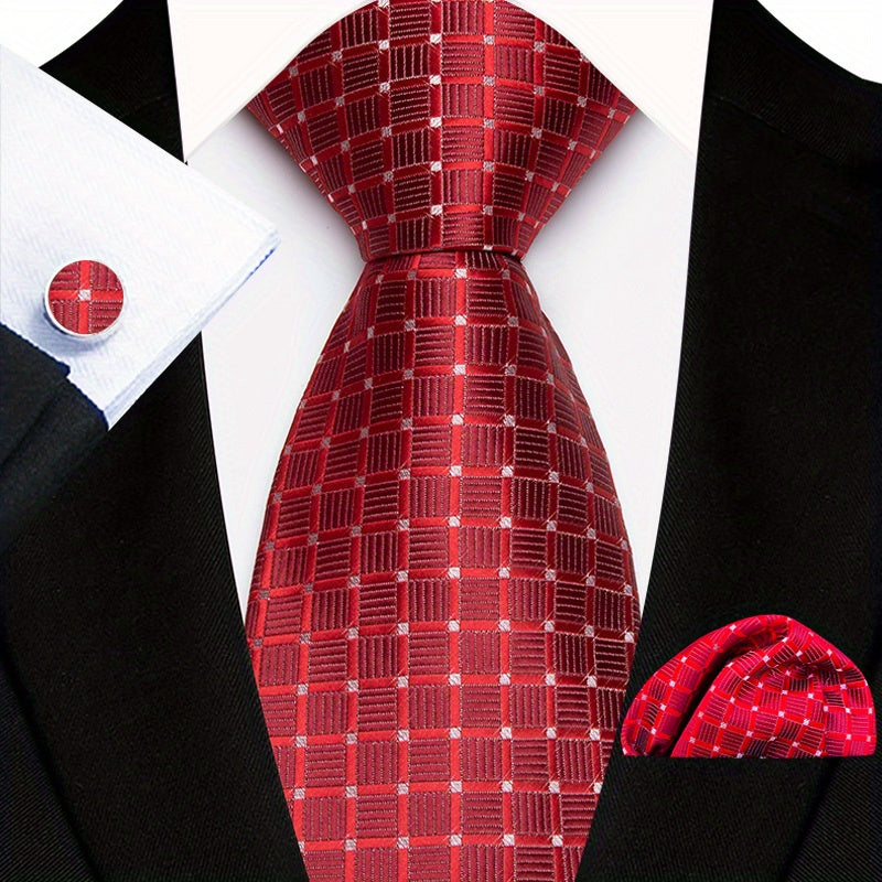 Men's Floral Paisley Striped Plaid Necktie & Handkerchief & Cufflink Set, Formal Business Wedding Necktie Set, Ideal Choice For Gifts