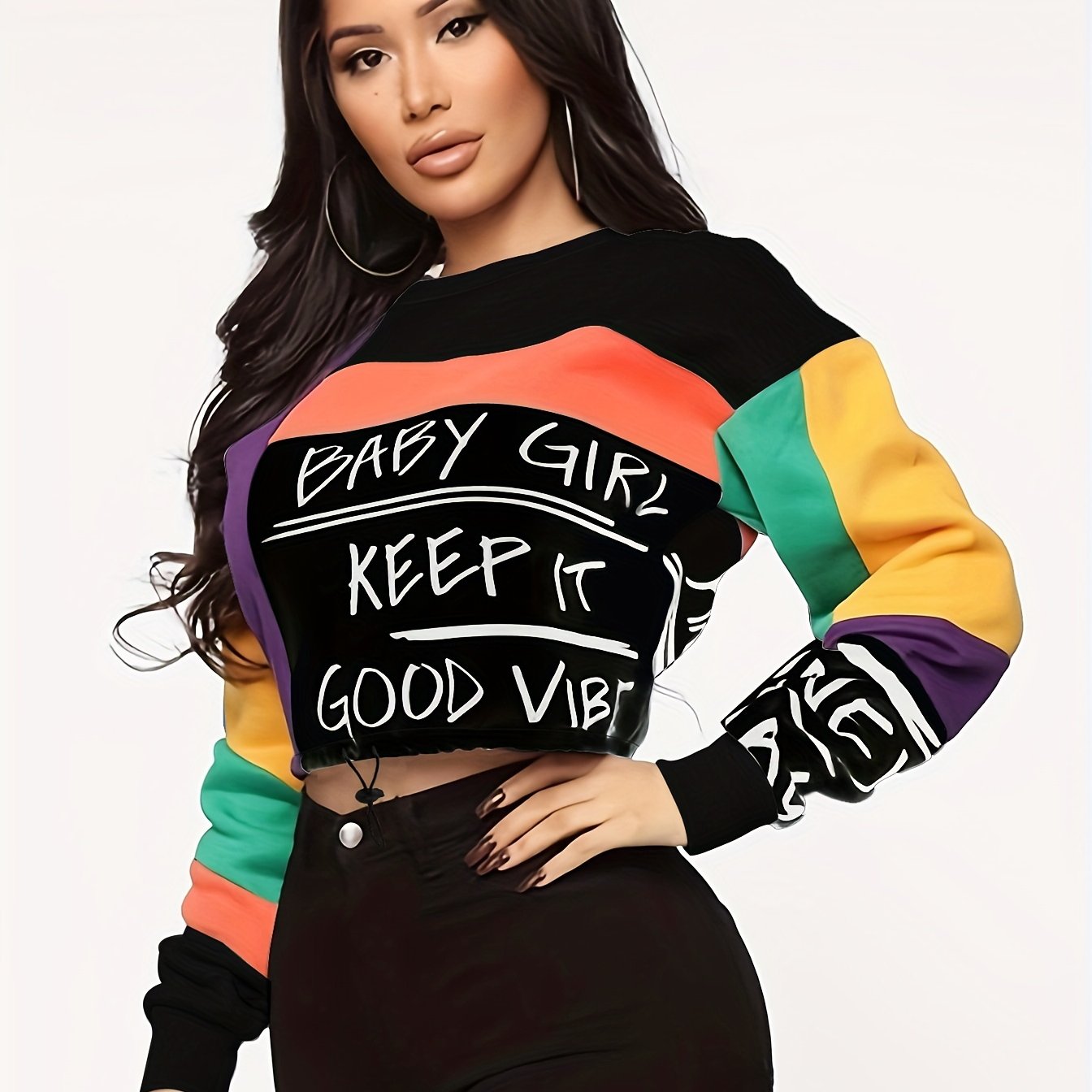 Women's Color Block Letter Print Sweatshirt - Cozy Long Sleeve Crew Neck for Fall & Winter