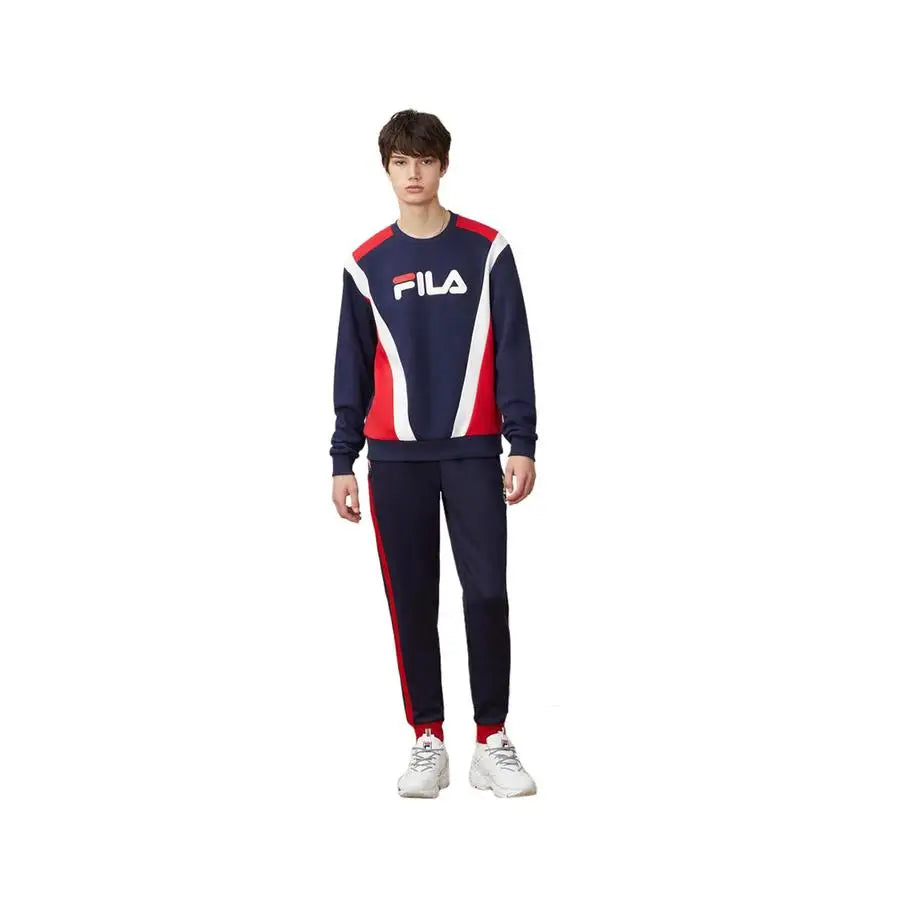 Fila Men's Active Crew Neck Sweatshirt Set In Navy White Red Color Blocking Breathable French Terry Hoodies & Sweatshirts Autumn