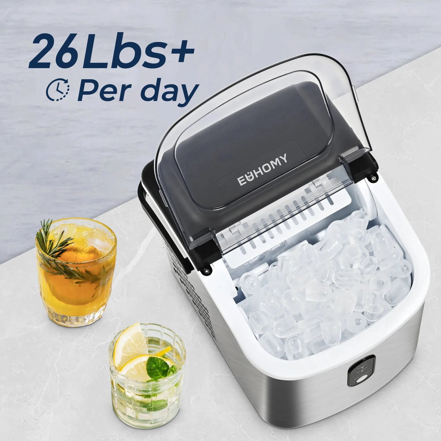 SIMZIFE Countertop Ice Maker Machine with Handle, 26 lbs/24H, 9 Cubes in 6 Mins, Auto-Cleaning Portable Ice Maker,Silver