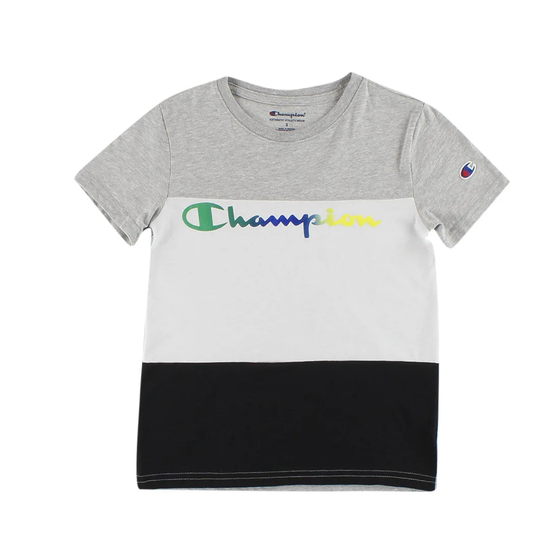 Champion Colorblock Script Boys Active Shirts & Tees Color: Grey/White/Black  100% Authentic