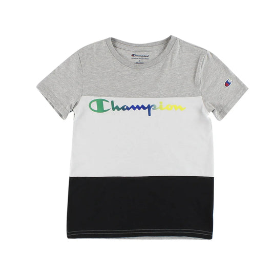 Champion Colorblock Script Boys Active Shirts & Tees Color: Grey/White/Black  100% Authentic