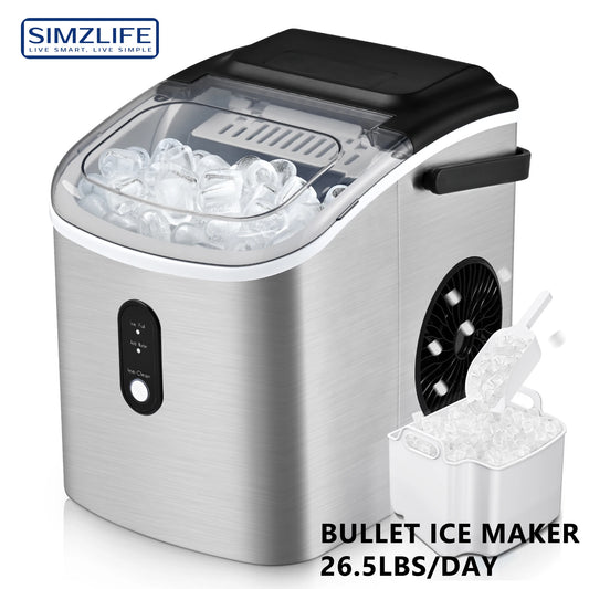 SIMZIFE Countertop Ice Maker Machine with Handle, 26 lbs/24H, 9 Cubes in 6 Mins, Auto-Cleaning Portable Ice Maker,Silver