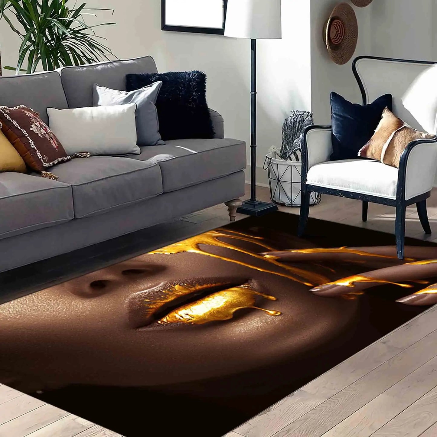 Gold Lips Woman Rug: Modern Art Entryway Mat, Printed Rug,Nonwoven Soft Rug