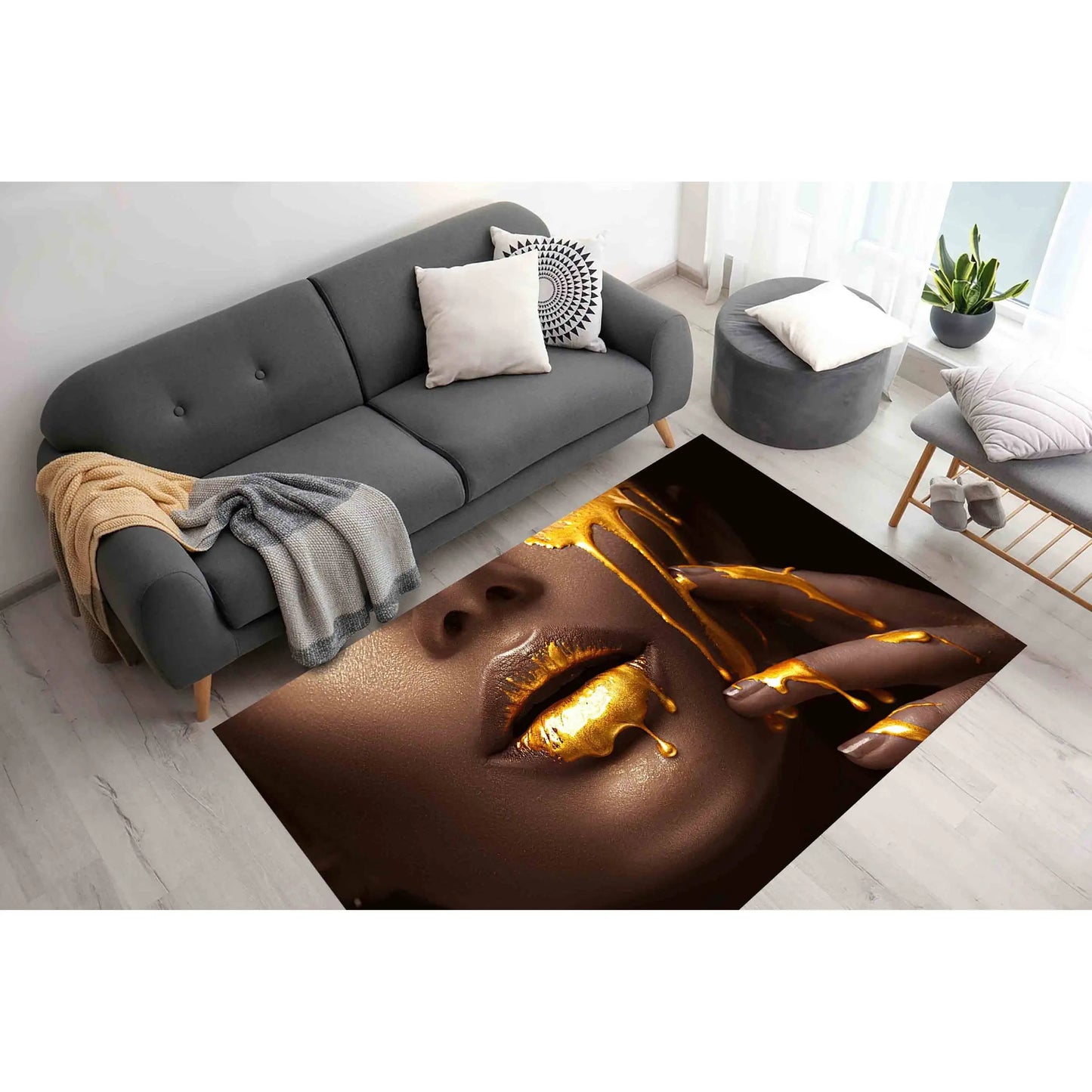 Gold Lips Woman Rug: Modern Art Entryway Mat, Printed Rug,Nonwoven Soft Rug