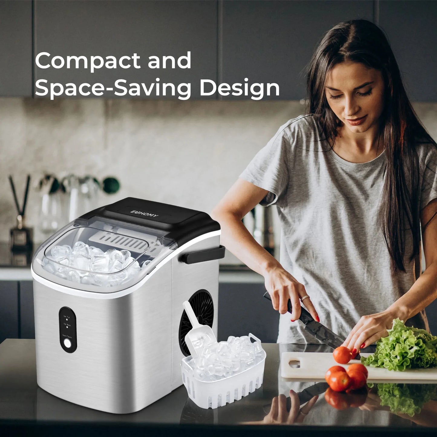 SIMZIFE Countertop Ice Maker Machine with Handle, 26 lbs/24H, 9 Cubes in 6 Mins, Auto-Cleaning Portable Ice Maker,Silver