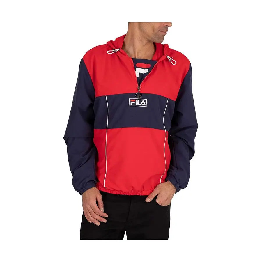 Fila Men's Half Zip Windjacket Red Blue Color Blocked Hooded Outdoor Jacket Regular Fit All Seasons Coated Soft Shell