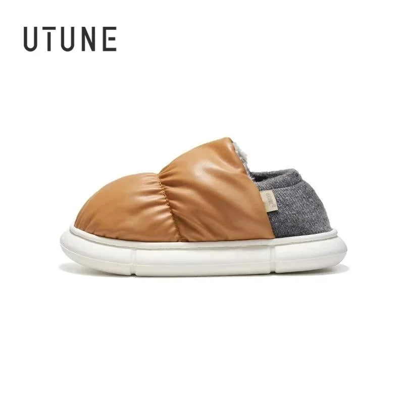 UTUNE Unisex Indoor Warm Plush Slippers Waterproof Lightweight Soft Sole Outdoor Cozy Down Cotton Shoes 2025 Winter New Non-Slip