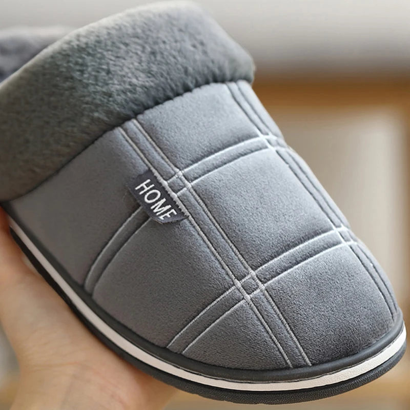 Large size 50-51 Plaid House Slippers for Man Memory Foam Winter Plush Indoor Male Shoes Warm Home Slippers 2024 Non Slip Black