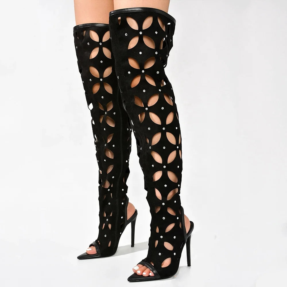 Women Wholesale Suede Cut Out Over Knee High Boots Peep Toe Stiletto Heels Diamonds Shoes Side Zipper Summer Long Booties