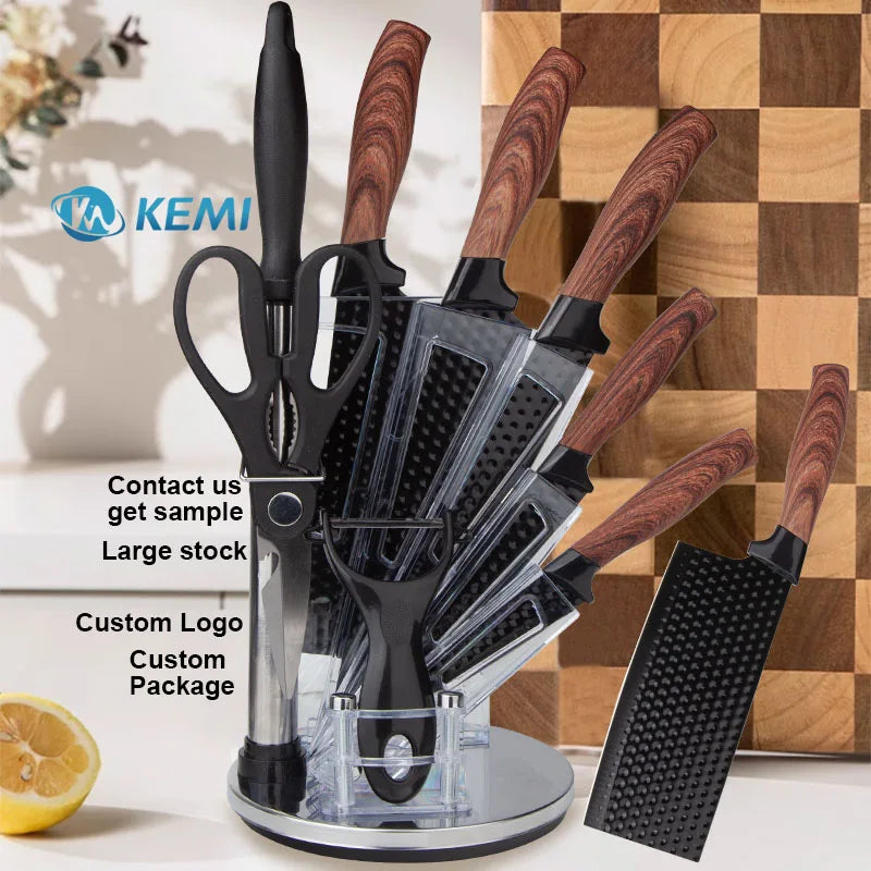 High Quality 9-Piece 3cr13 Stainless Steel Kitchen Knife Set With Wooden Handle Sharp Blade Slicing Knives for Home Restaurant
