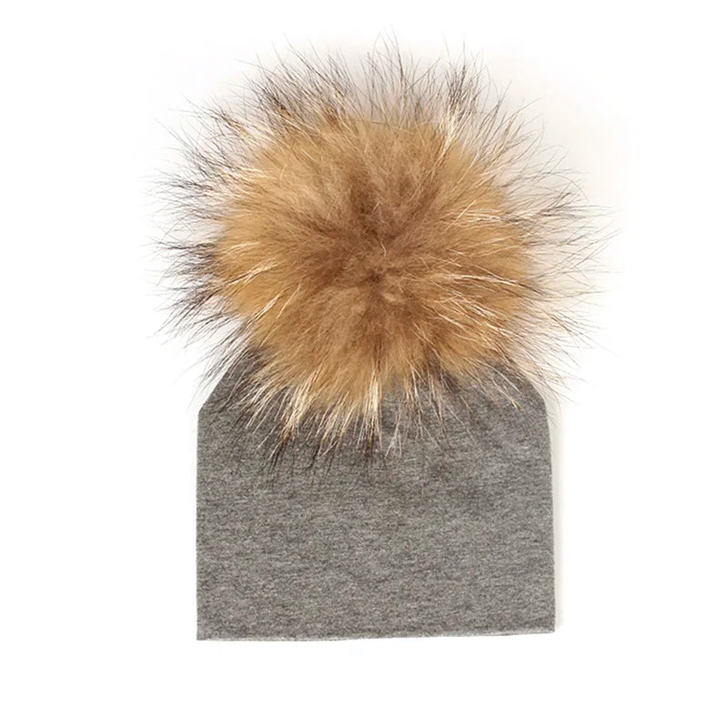 Geebro 0-3 Month Baby Boys Soft Cotton Real Fur pompom Beanies Hats For Newborn Girls Spring Autumn Kids Infants Toddler Hats
