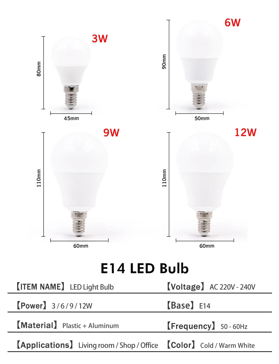 E14 Bombillas LED Light Bulb AC220-240V Ampoule 3W 6W 9W 12W Lampada LED lamp E14 Cold/Warm White SMD2835 for living room