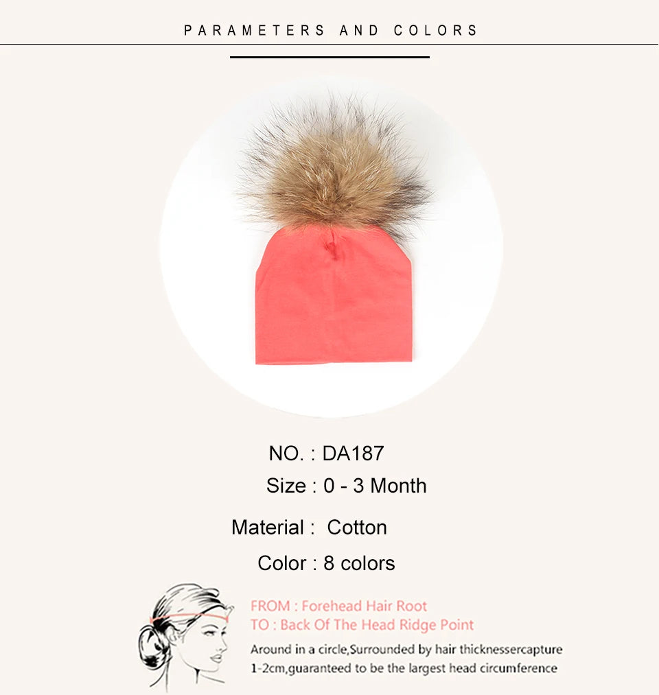 Geebro 0-3 Month Baby Boys Soft Cotton Real Fur pompom Beanies Hats For Newborn Girls Spring Autumn Kids Infants Toddler Hats