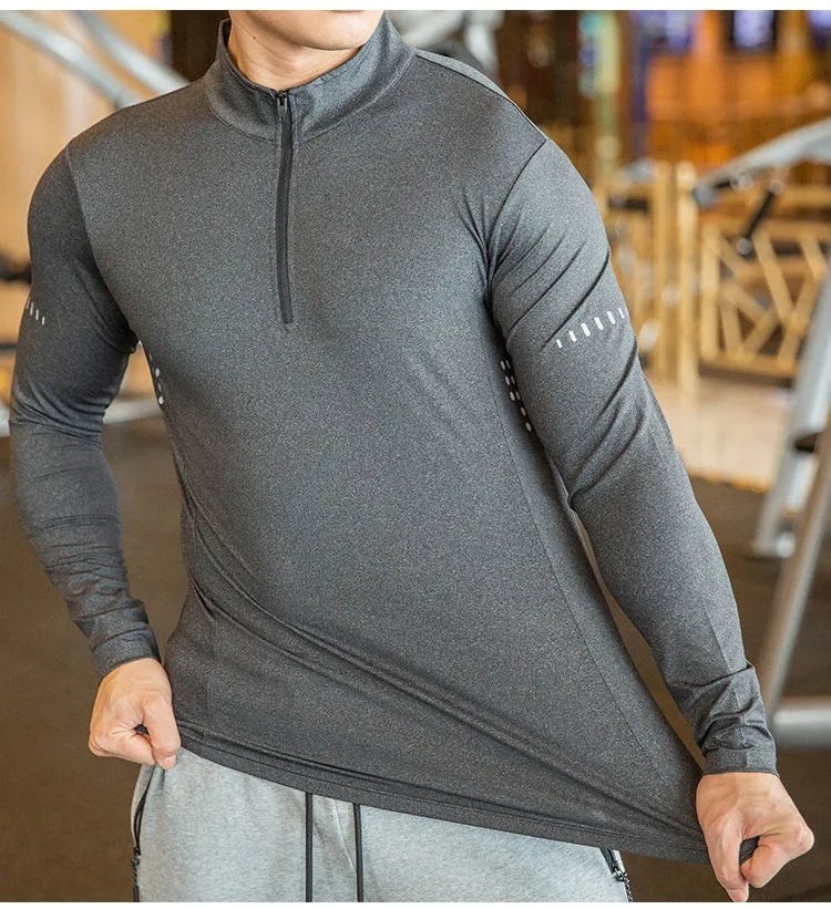 Compression T-shirts Men Fitness WearCustom Long Sleeve Zip Gym Workout Clothing
