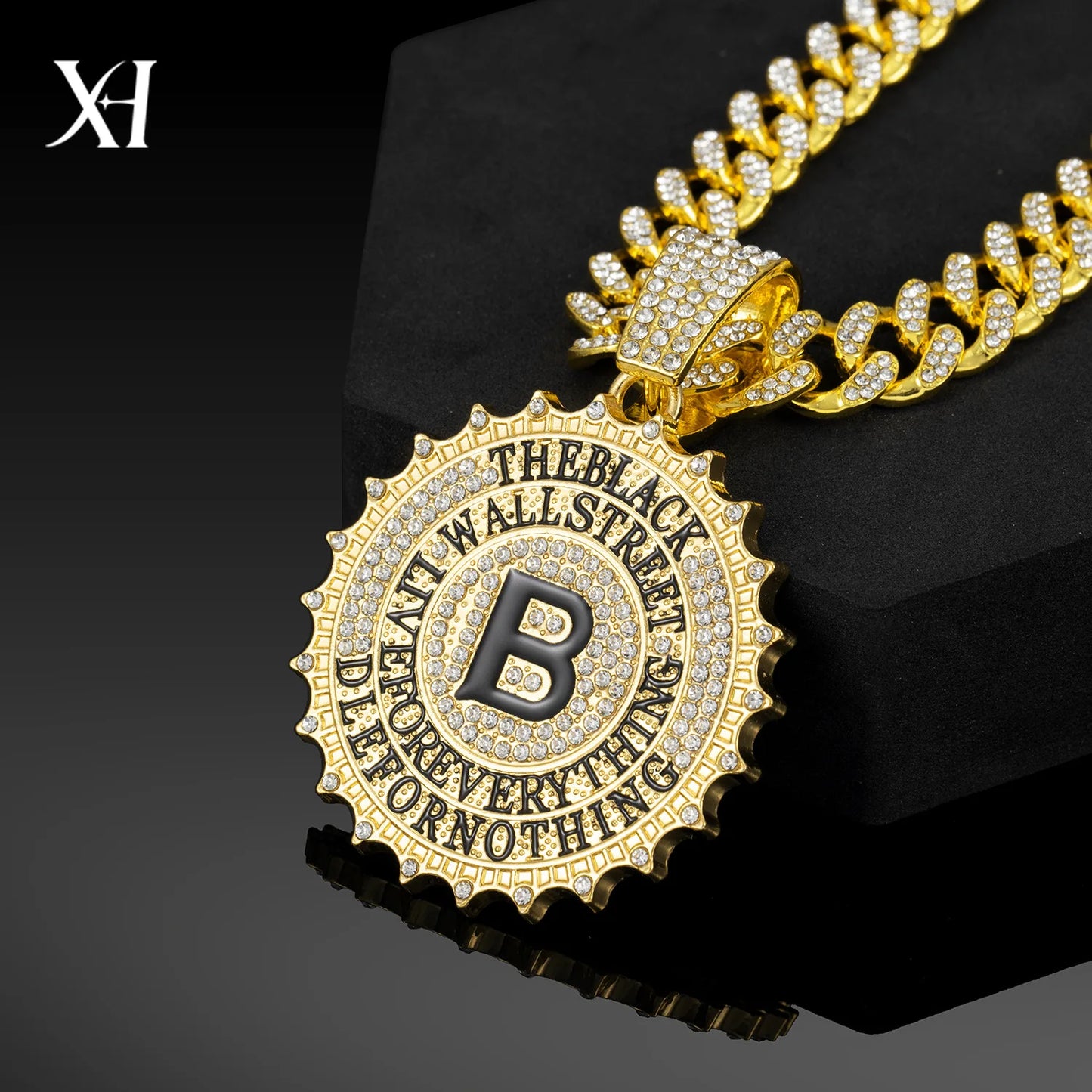 CJH Hip Hop Brand Men's Full Diamond Cuban Necklace Round B Diamond Letter Pendant Long Chain for Gift Cross-Border Supply