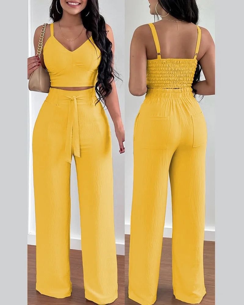 Women's Pleated Suspender Top With Fashionable Wide Leg High Waist Pants Set Casual 2-piece Set