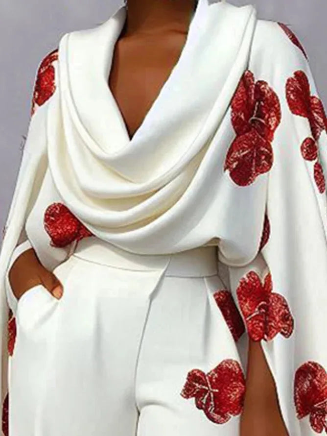 European and American Women's Plus Size Fashionable Printed Pile Collar Long Sleeved Pants Set