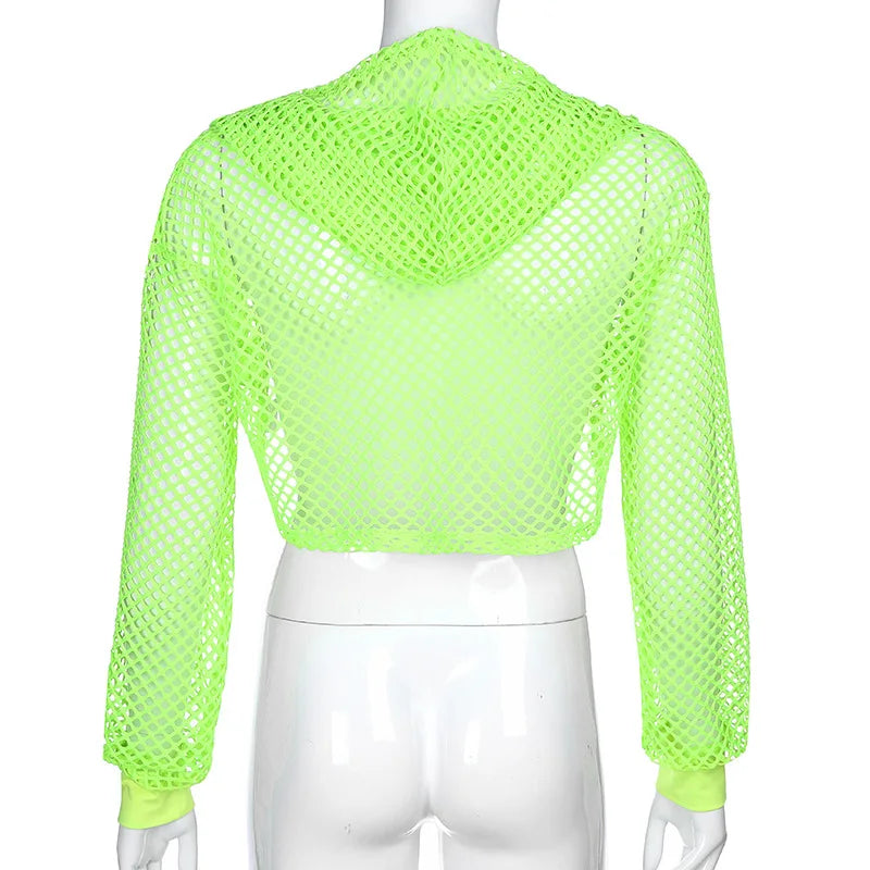 2022 New Spring  Streetwear Neon Green Mesh Fishnet Top Women Tshirt Perspective Long Sleeve Women's T-shirts Sexy Cropped Shirt